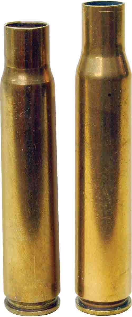 The 8x60 case (left) is easily made from .30-06 brass (right) by sizing in a 8x60 die and trimming the case to length.